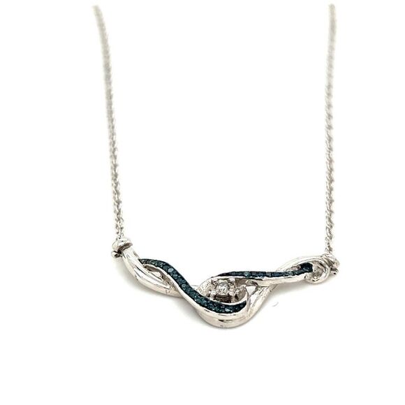925 Sterling Silver Blue/White Diamonds Necklace - Picture 6 of 9